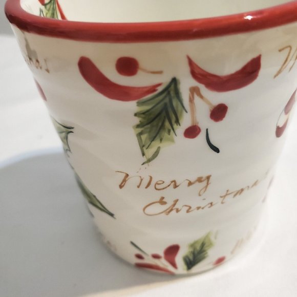 Christms Mug Candy Canes Pointsetta Gold MerryChristmas Red Rim Trim 4.75"H 4.5W - Picture 4 of 7